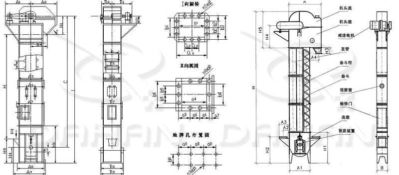 TD/D型斗式提升機(jī)基本結(jié)構(gòu):機(jī)頭蓋，機(jī)頭座，減速電機(jī)，直管，底座，緊張裝置等。