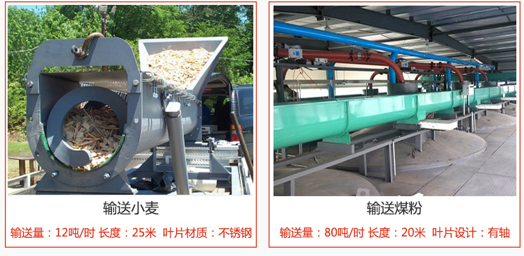 絞龍螺旋輸送機(jī)輸送小麥輸送量在12噸/時，長度為25米，葉片采用不銹鋼材質(zhì)；輸送水泥輸送量在80噸/時，長度為20米，葉片設(shè)計為有軸。