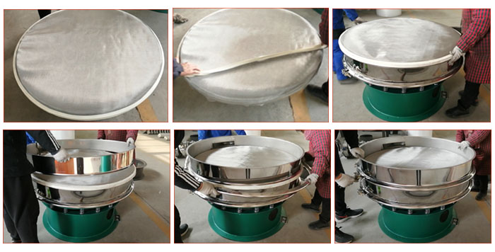 食品振動(dòng)篩網(wǎng)安裝步驟3，將密封圈安裝到網(wǎng)架周?chē)?，將篩框放到網(wǎng)架上，并利用束環(huán)將上下兩層篩框固定在一起。