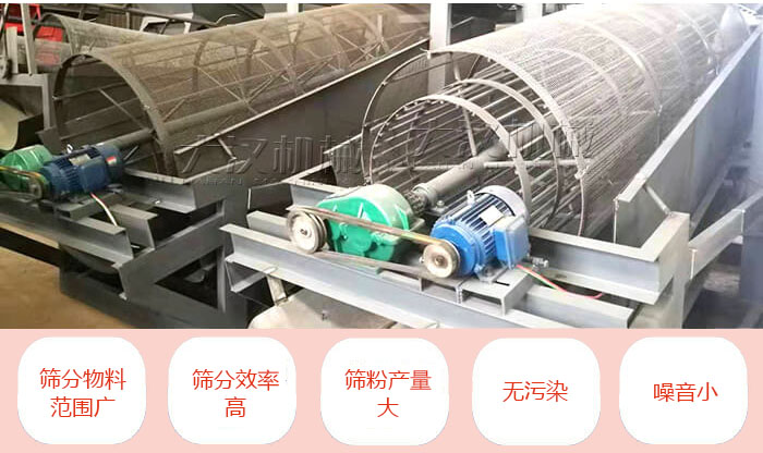 滾筒篩分機(jī)主要特點(diǎn)：篩分物料范圍廣，篩分效率高，篩分產(chǎn)量大，無污染，噪音小。