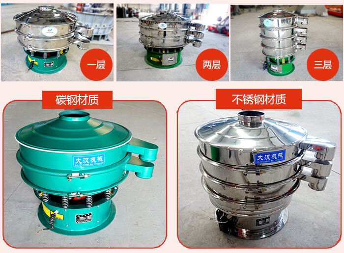 旋振篩層級分類：一層，兩層，三層材質(zhì)分類：碳鋼，不銹鋼等
