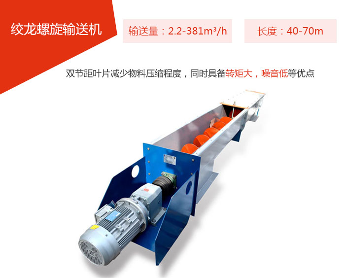 絞龍螺旋輸送機(jī)輸送量：2.2-381m3/h 長度：40-70m 雙節(jié)距葉片減少物料壓縮程度，同時具備轉(zhuǎn)矩大，噪音低等優(yōu)點。
