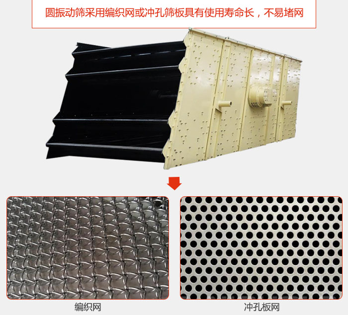 圓振動篩采用編織網(wǎng)或沖孔篩板具有使用壽命長，不易堵網(wǎng)。