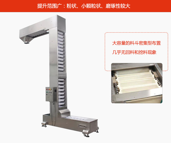 Z型斗式提升機(jī)的提升范圍廣：粉狀，小顆粒狀，磨琢性較大的物料都可輸送。