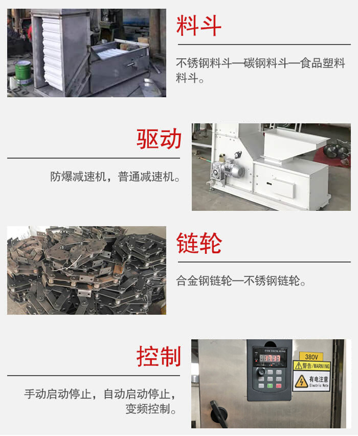 z型斗式提升機(jī)料斗：不銹鋼料斗-碳鋼料斗-食品塑料料斗。驅(qū)動(dòng)裝置采用的式防爆減速機(jī)，普通減速機(jī)兩種。鏈輪采用合金鏈輪-不銹鋼鏈輪控制器：手動(dòng)啟動(dòng)/停止，以及自動(dòng)啟動(dòng)停止。