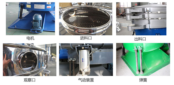 搖擺篩分機(jī)由進(jìn)料口，出料口，觀察口，電機(jī)，彈簧，氣動(dòng)裝置等部件組成
