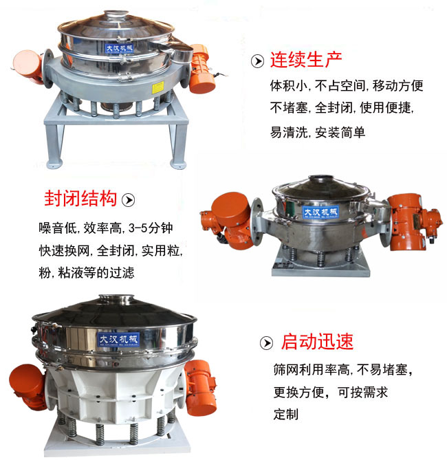直徑1000mm直排篩特點(diǎn)：連續(xù)生產(chǎn)：體積小，不占空間，移動方便，不堵塞，全封閉，使用便捷，易清洗，安裝簡單。封閉結(jié)構(gòu)：噪音低，效率高，3-5分鐘，快速換網(wǎng)，全封閉，實(shí)用粒，粉粘液等的過濾。啟動迅速：篩網(wǎng)利用率高，不易堵塞，更換方便，可按需求定制。