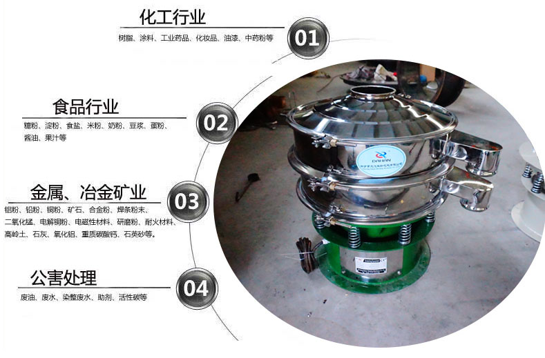 面粉振動篩粉機(jī)適用于化工，食品，金屬、冶金，公害處理等行業(yè)