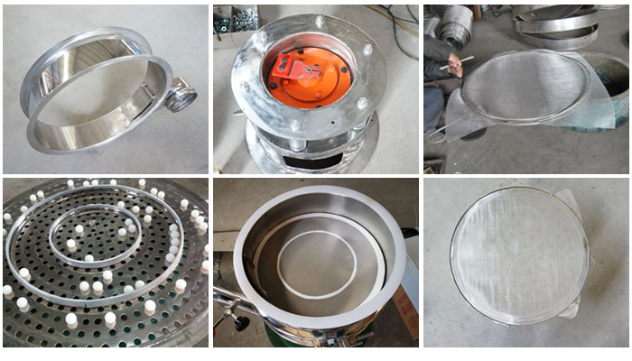 不銹鋼小型振動篩細節(jié)：振動篩篩框，振動電機座，篩網，彈跳球，密封圈，篩網網架。