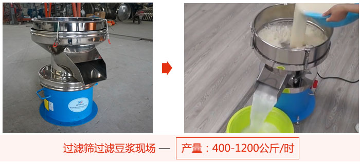 過濾篩過濾豆?jié){現(xiàn)場，產(chǎn)量高達(dá)1200公斤每小時(shí)。