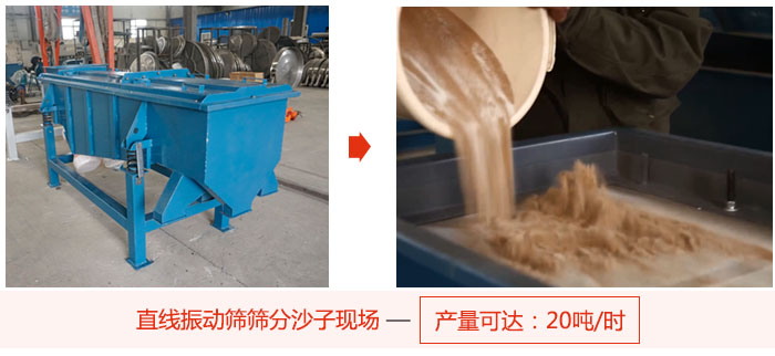 直線振動(dòng)篩篩分沙子現(xiàn)場展示，產(chǎn)量高達(dá)20噸每小時(shí)。