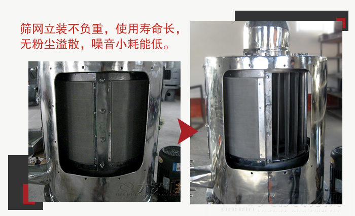 氣流篩采用立式篩網(wǎng)，不受物料的沖擊力的影響，篩網(wǎng)使用壽命長