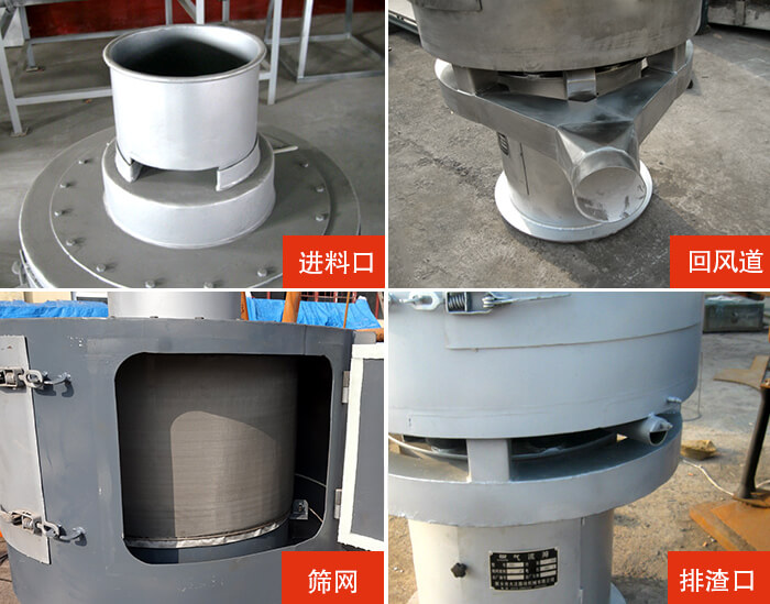 氣流篩分機(jī)進(jìn)料口，回風(fēng)道，篩網(wǎng)，排渣口。