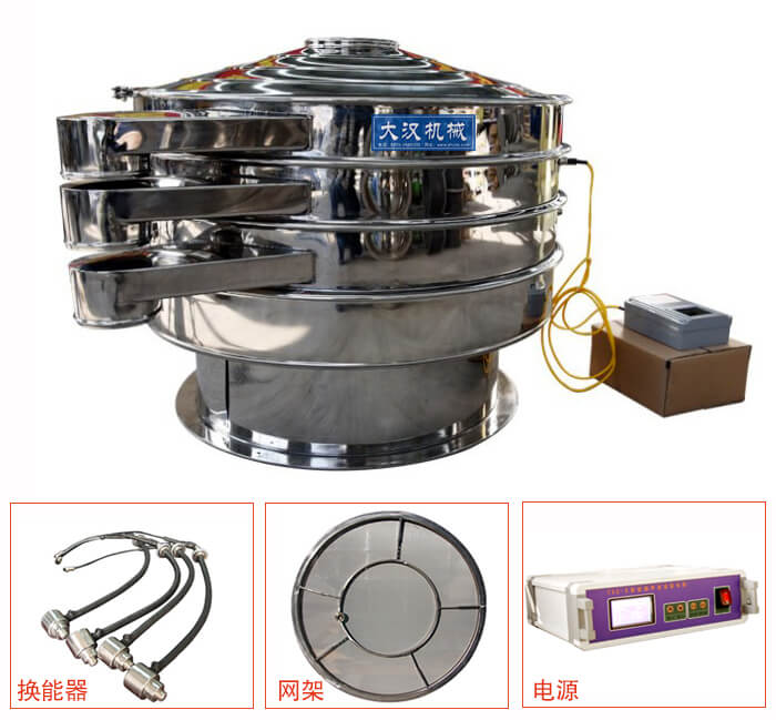  全不銹鋼超聲波振動篩內(nèi)部組成：換能器，網(wǎng)架，電源。
