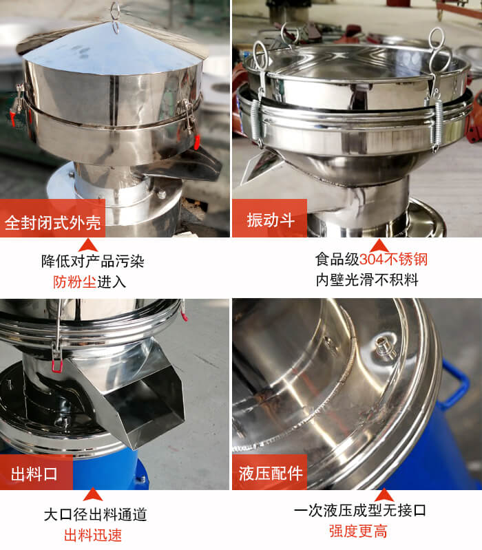 450過濾篩機結構組成：全封閉式外殼設計：對產品的污染低，防塵粉進入電機內部延長設備壽命。振動斗：食品304不銹鋼篩斗，內壁光滑不存在積料現象。出料口，大口徑出料通道，出料迅速，提高工作效率。液壓配件：一次液壓成型無接口強度更高。