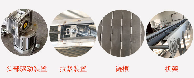 鏈板輸送機結(jié)構(gòu)：頭部驅(qū)動裝置，拉緊裝置，鏈板，機架等圖片展示