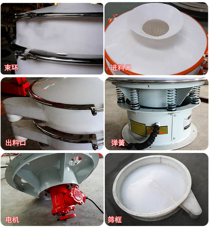 塑料防腐蝕振動篩細節(jié):進料口，框體，網(wǎng)架底框，出料口等。
