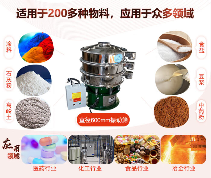 直徑600mm振動(dòng)篩使用的行業(yè):醫(yī)藥行業(yè)，公害處理，食品行業(yè)，化工行業(yè)。